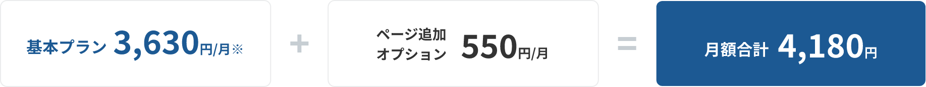 基本プラン3,630円/月（※）+ページ追加オプション550円/月=月額合計4,180円